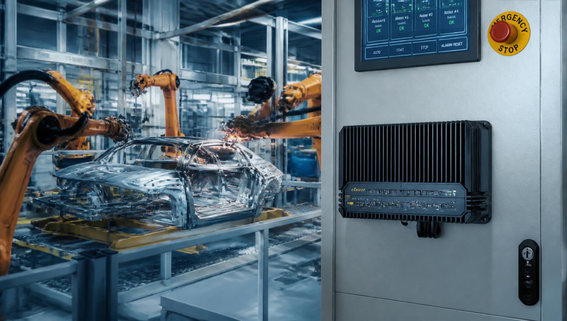 Industrie-PC an einer Roboter-Fertigungslinie im Automobilbau